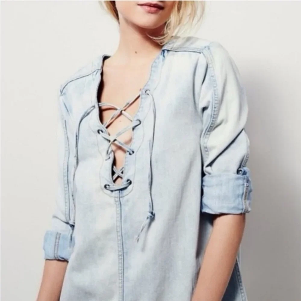 Free People Denim Pullover Neopolitan Dreams Blue Sky Surfer Hippie Lace‎ Up S/P